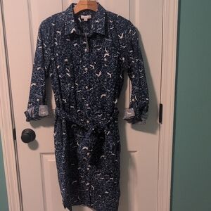 NWT LL Bean Blue Signature Patterned Button Down Shirt Dress